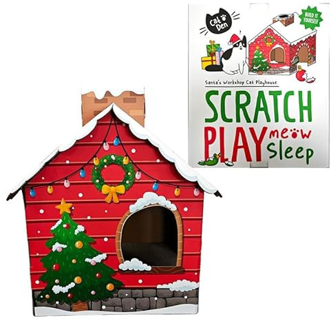 Puckator Christmas Santa's Grotto Cat Playhouse 100% Cardboard Cat Den Tree Tower - Scratch Post - Cats Play Shelter House - Kitten Den Beds For Indoor - Accessories - Bed Cave Kennel