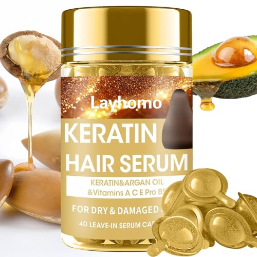 Layhomo Hair Treatment Serum, 60 Capsules Hair Treatment Oil for Dry Damaged Hair, Hair Oil with Leave-In Anti-Frizz Conditioner with
