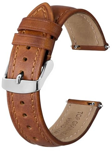 BISONSTRAP Rétro Bracelets de Montre en Cuir pour Homme, Bracelet de Rechange en Cuir de Veau Ciré à L'huile, Dégagement Rapide, 22mm, Marron Caramel (Boucle Argentée)