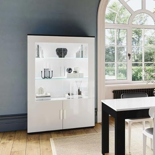 Vaisselier 4 portes Noir/Blanc laqué à LEDS - REVE - L 117 x l 47 x H 182 cm