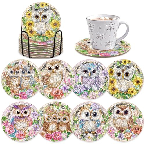 INCOK Diamond Painting Coasters Kit - 8 PCS Owl Diamond Art Kits for Adults Crafts Set for DIY Flower Coasters with Holder Table Home Decor Christmas Birthday Gift for Beginners Adult