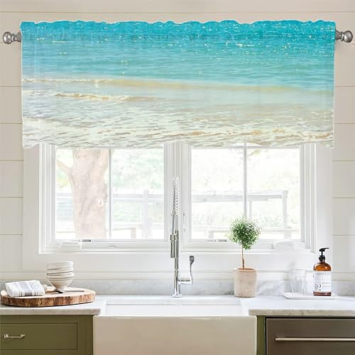 Lirzxin Scheibengardinen, Bistrogardine Blickdicht Küchenvorhänge Strand und Meer Muster Polyester Küchengardinen für Esszimmer Badezimmer Klein Fenster, 137x45CM, Blau Grün, 1 Stück