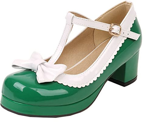 MISSUIT Damen T-spangen Mary Jane Plateau Pumps mit Blockabsatz Riemchen Lack Schleife Geschlossen Rockabilly Schuhe(Grün,40)