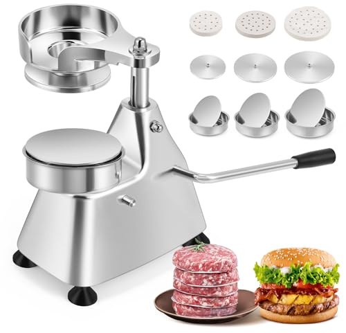 Moongiantgo 3-in-1 Kommerzielle Burgerpresse aus Edelstahl | Burger-Formmaschine mit 3 Abnehmbaren Größen (4/5/6 Zoll), 1500 Patty-Papieren(10/13/15CM), für Küche Außenstände Hotels