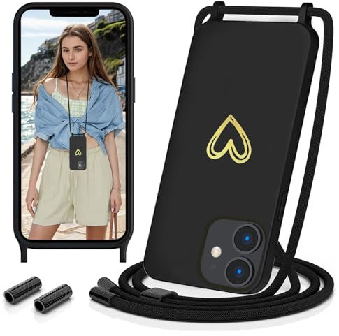 Sebor Handykette für iPhone 12 / iPhone 12 Pro Hülle mit Band, Silikon Handyhülle mit Kette Gold Herz Muster Necklace Schutzhülle Stoßfest mit Abnehmbar Kordel zum Umhängen, Schwarz