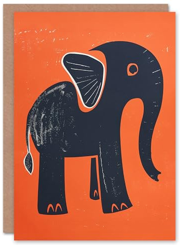 Artery8 Cute Baby Elephant Blue Orange Animal Block Print Blank For Him Or Her Art Birthday Card