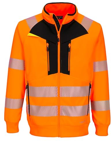 Portwest DX477 DX4 Hi Vis Funnel Neck Zipped Sweatshirt Work Safety Outerwear Bonded Polyester Fleece Segmented Reflective Tape Secure Pockets Adjustable Hood Ergonomic Fit Certified