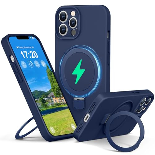 PuyaTeya Liquid Silicone Case for iPhone 13 pro with Magnetic Ring Stand, Upgraded camera lens protection, Mil-Grade Drop Shockproof, Anti-Scratch Microfiber Lining Silicone Case(Navy Blue)