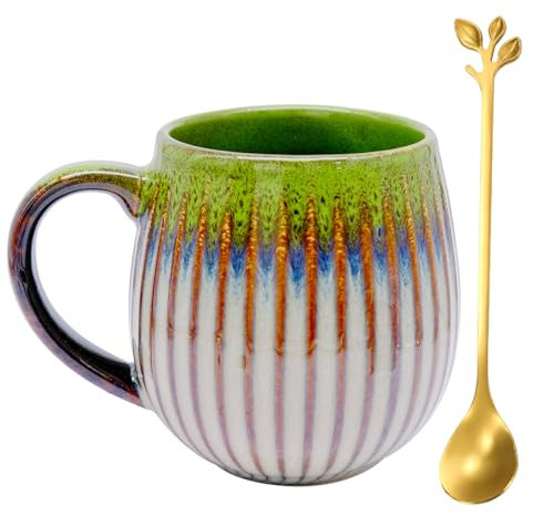 inheming Kaffeetasse aus Keramik, 500ml Kaffeetasse Groß, Handgefertigte Kaffeetassen aus Porzellan, Vintage Tee Tasse Latte Tassen becher Teegläser mit Blattgold-Löffel (Grün)
