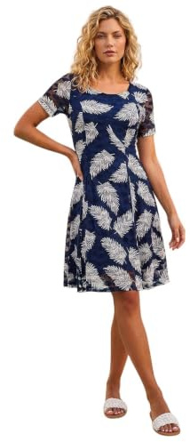 Roman Originals Rose Print Lace Stretch Dress for Women UK - Ladies Everyday Autumn Winter Scooped Neckline Comfy Soft Evening Vacation Work Party Night Out - Navy - Size 14