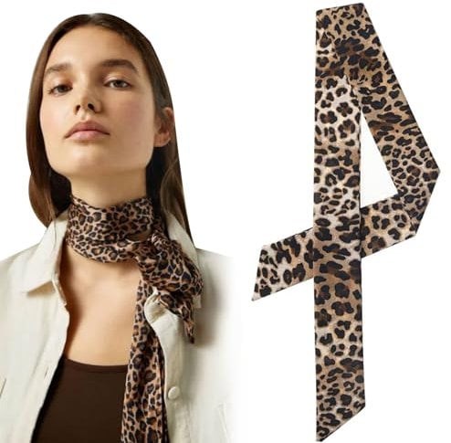 Cerioll Damen Skinny Scarf, Mode Leopard Stirnband Halstuch, Damen Schal Mit Leopard, Skinny Seidenschal, Satin Ribbon Seidentüch Krawatte Kopfschmuck Haarschal Handtasche Griffband