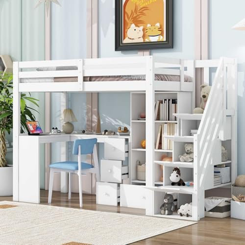 YEHTOKHOME Lit Mezzanine 90x200cm avec Bureau et tiroirs, Multifonctionnel lit avec Armoire de Rangement et échelle, Simple en Bois lit avec sommier à Lattes(sans Matelas) (Blanc 3)