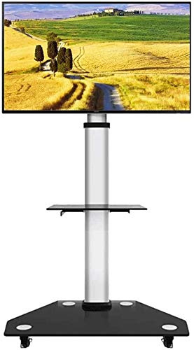 Meuble TV en verre sur roulettes | Support sur pied mobile pour téléviseurs LCD/LED/Plasma de 30 à 80 pouces | Chariot roulant avec roues verrouillables et 2 étagères de rangement