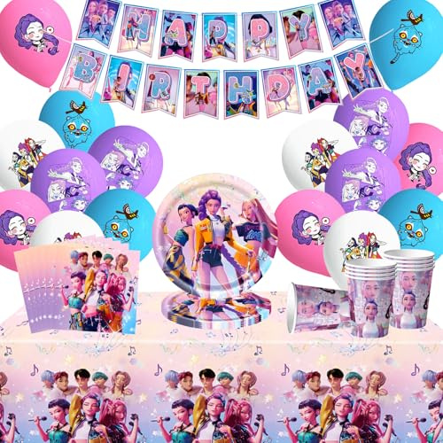 Demon Hunters Vaisselle Anniversaire, 58 Pcs Kop Décoration d'anniversaire Vaisselle de Fete Enfant avec Bannière Ballon Assiette Tasse Serviettes Nappe