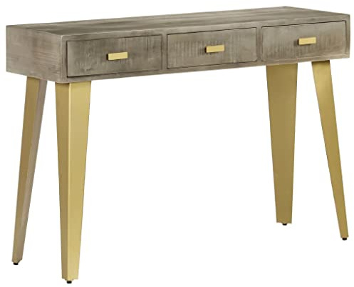 IBUQDDV Konsolentisch Grau mit Messing 110 x 35 x 76 cm Mangoholz Massiv 3 Schubladen Vintage Flurtisch Stauraum
