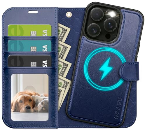 OCASE for iPhone 15 Pro Case, Detachable 2 in 1 PU Leather Wallet Case with Card Holders, Wireless Charging, RFID Blocking, Kickstand, Shockproof Flip Folio Phone Cover, Blue