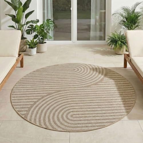 Carpetsale24 Outdoor Teppich Rund 120 cm Beige, Wetterfest UV-beständig, Balkon Terrasse Garten Teppich, Indoor Outdoor Skandi Boho Design Leicht zu Reinigen