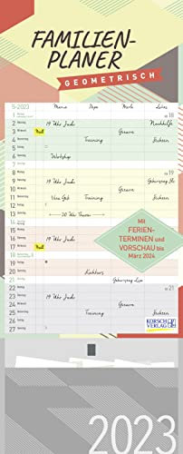 Familienplaner Geometrisch Zetteltasche 2023: Familienkalender, 4 große Spalten. Familientimer mit Ferienterminen, extra Spalte, Vorschau bsi März ... und Zetteltasche. Format: 19 x 47 cm
