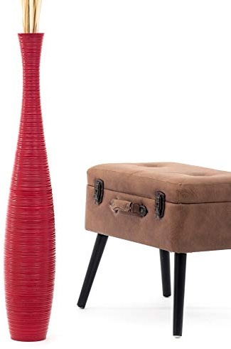 Leewadee Große Deko Bodenvase Für Dekozweige, Hohe Standvase Für Pampasgras, Design Holzvase, 90 cm, Rot