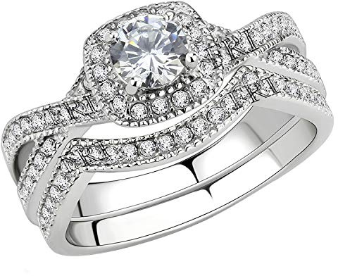 FlameReflection Stainless Steel Rings for Women Infinity Wedding Set Round CZ Cubic Zirconia Halo Engagement Bridal Jewelry Set Size 7