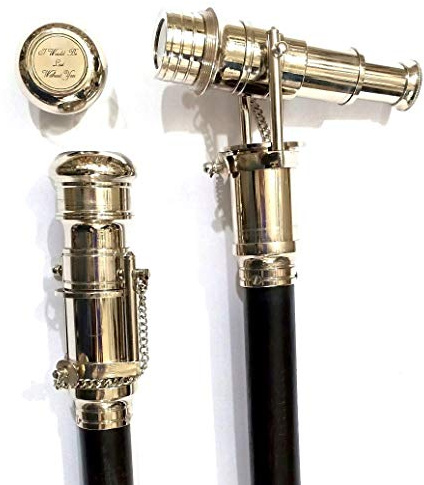 Bastón con telescopio espía Oculto Vintage con 3 latas de Madera Negra