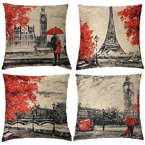 Freeas Kissenbezug 45 x 45 cm, Baumwolle Leinen Eiffelturm Kissenhülle Taille Wurf Kopfkissenbezug für Zuhause und Sofa, Schlafzimmer Dekoration, 4 Stück