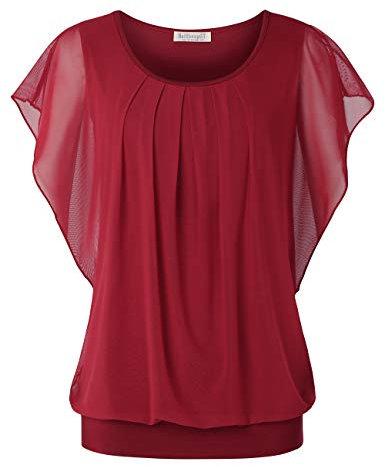 BAISHENGGT Damen Sommer Netz Bluse Flatter Kurzarm Tshirt Rundkragen Falten Elegant Oberteile Top Blusen Weinrot M