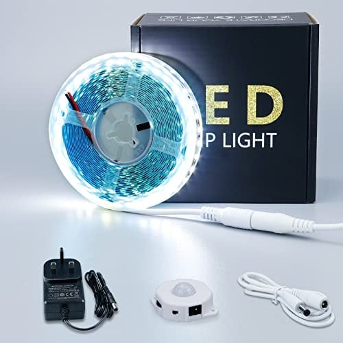 JOYLIT Motion Sensor LED Strip Light 5 Meter, 6000K Cool White LED Strip with Motion Sensor + 12V Power Supply, 2 Activated Modes Bright 2835 SMD Motion Triggered Tape Lights for Stairs, Wardrobe