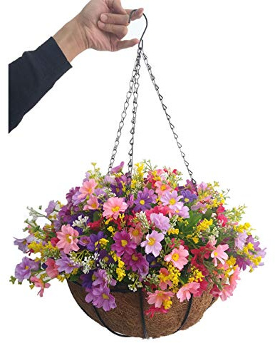 Home and Outdoors Silk Chain Hanging Basket Flowerpot Flowers DIY Artificial Daisy Red Flowers and Pink Flowers Purple (Medium Basket)