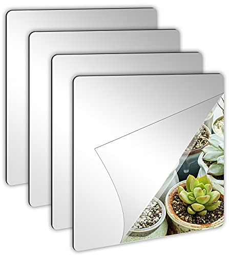 Lot De 4 Miroirs Auto-adhésifs 20.3 × 20.3 cm Carreaux De Miroir Adhésif 2 mm D'épaisseur en Acrylique Bâton sur Miroirs Muraux Feuilles Autocollants Miroir Amovibles pour La Décoration De La Maison