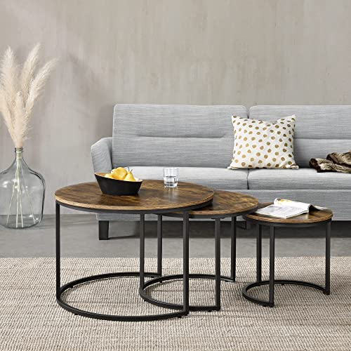 [en.casa] Couchtischset Arvidsjaur 3er Set Sofatische 3-TLG. Wohnzimmertische Stahlgestell rund Dunkler Holzton