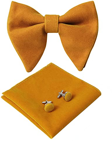 HOULIFE Fliege Herren Set - Verstellbare Samt-Fliege Vorgebunden, Einfarbiges Einstecktuch, Manschettenknöpfe für Bräutigam Hochzeit Formal Mit Geschenkbox (Gelb)
