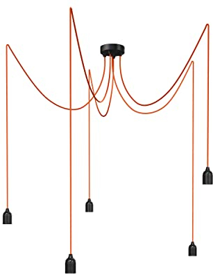 Relight Pendelleuchte 5-flammig Kraken (höhenverstellbar), E27 Lampenfassungen aus Bakelit, 5x 3 Meter Textilkabel Orange