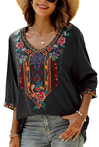 Seasonal Damen Stickerei Bluse Bohemian Herbst Tunika Bestickte Folklore Blusen Hippie Blumenmuster Oberteil 3/4 Arm Lose Tops (2X-Large, 328-Schwarz)