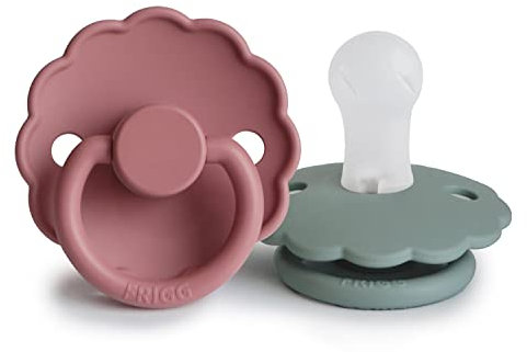 FRIGG Daisy Lot de 2 sucettes | Sucette en silicone | Sans BPA | Fabriqué au Danemark | Tétine Cerise Symétrique | (Dusty Rose/Lily pad, Taille 1 (0-6 Mois))