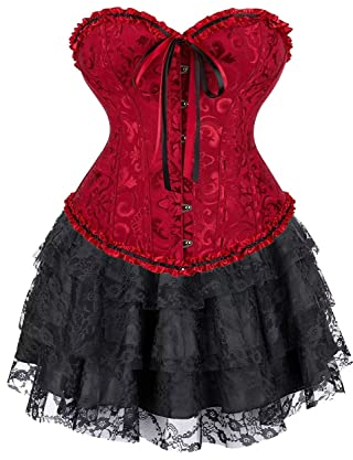 Jutrisujo Korsett Damen Kleid Rock Corsage Elegant Kostüm mit Corsagenkleid Spitzenrock Karneval Halloween Schwarz Burgund XL