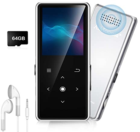 64GB Lettore MP3 con Bluetooth 5.2, AiMoonsa Lettore Musicale con Altoparlante HD Integrato, radio FM, Registratore Vocale, Suono HiFi, Peso 0,15 lb, Funzione E-book, Auricolari Inclusi