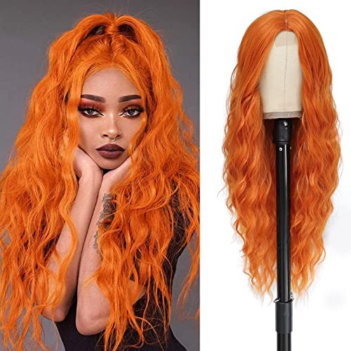 BUPPLER Cosplay Long Orange Wig 28 Inch Middle Part Synthetic Wig Realistic Gifts Party Wigs for Women Daily Use Colorful Wigs (Orange)