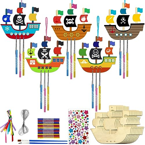 Meanju Piratenschiff Bastelset 10 Stück, Windspiel Bastelset Kinder mit Pinsel/Edelsteinaufkleber, Piratenschiffe zum Aufstellen, DIY Bastelset Holz Windspiel, Piraten Kindergeburtstag