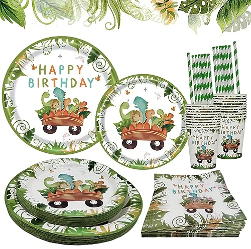 125 PCS Dinosaurier Geburtstag Geschirr Set,Dino Geburtstag Deko für 25 Gäste,Dinosaurier Pappteller Becher Servietten Strohhalme für Kindergeburtstag Junge Mädchen