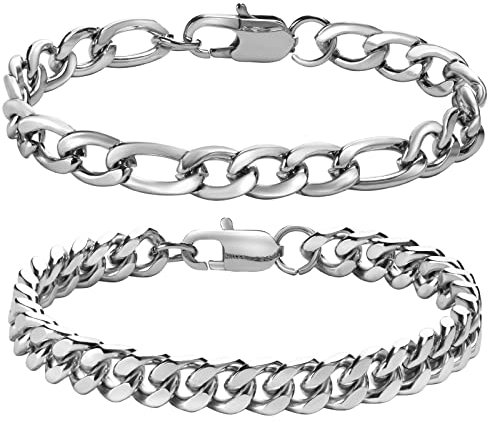 Armband Herren Jungs Edelstahl 2 Stücke- Herrenarmbänder Silber Herren Armband Figaro+Kubanisch 19cm Geschenk für Ihn DAD Freund Ehemann Bruder
