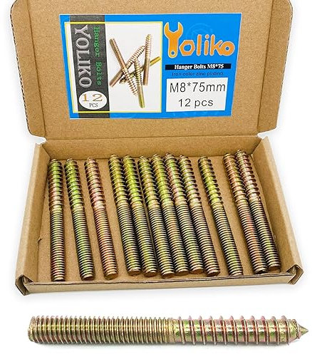 Yoliko Confezione da 12 bulloni a doppia testa M8 x 75 da 75 mm, bulloni a doppia testa da 8 mm, viti autofilettanti per mobili, aste a doppia filettatura, lunghezza 75 mm