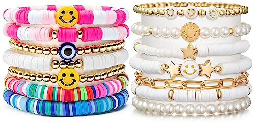 PANTIDE 14Stück Bunt und Weiß Preppy Heishi Armbänder Set Lächeln Boho Perlenarmband Y2K Acryl-Ton Perlen-Armband Dehnbar Charm Freundschaftsarmband Schmuck Geburtstagsgeschenk für Frauen Mädchen