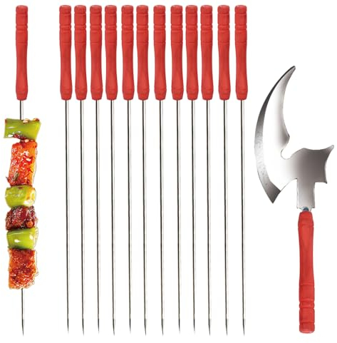 12 Brochettes pour Barbecue, ACTOYS Brochettes Inox, Pic a Brochette Inox Réutilisables en Inox, Brochettes de Barbecue Avec Un Manche en Bois Avec Une Petite Hache pour Griller Les Feux de Camping
