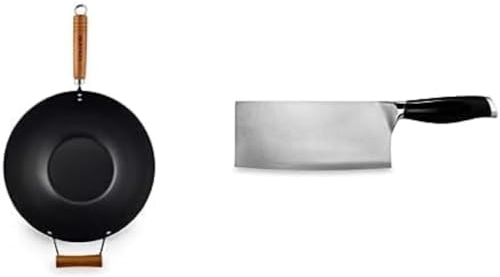 Bundle of Ken Hom Carbon Steel Non-Stick Wok, 35cm, Classic, Stir-Fry Pan, Wooden Handle, Flat Base Ken Hom KH511 Stainless Steel Cleaver Knife ,18 cm/7in