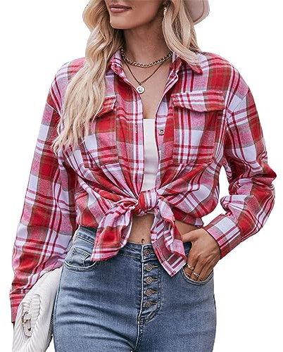 seiveini Femme Chemise Manche Longue à Carreaux Ecossais Casual Boutonné Shirt Chemisier Tops Col en V Blouse Carreaux Femme Casual Vintage Plaid Cardigan Chic Mode A Rouge M