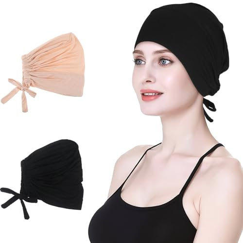 Hijab Kopftuch,Damen Frauen Undercap Hijab Unterschal Hijab Islamische Muslimische Unterschal Hijab Closure Solid Color Unter Schal Hijab Kopfbedeckung Chemo Kopftuch Schlafmütze (Schwarz+Beige)