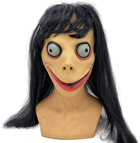 Momo Kopfbedeckung Lange Haare Gruselige Maske Latex Cosplay Kostüm Requisiten für Halloween Party