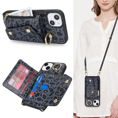 Lipvina Hülle für iPhone 13/14 Hülle mit Band Kartenhalter handyhülle Hülle für iPhone 13/14 mit Reißverschluss Band Ring Ständer Case für Frauen - Schwarzer Leopard