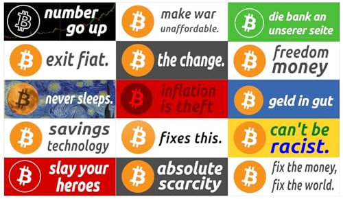 Bitcoin Sticker-Set - 32 Stück - wetterfest - insgesamt 16 verschiedene Slogans - je 2 Stück
